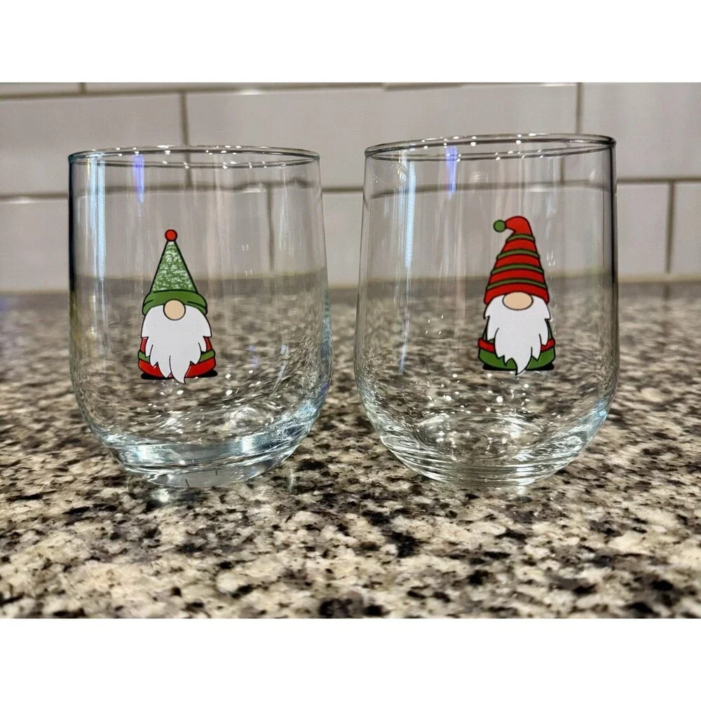 Set of 2 Libbey Glass Christmas Gnomes Stemless Wine Glasses 16.8oz Holiday Fest